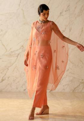 Peach Embroidered Handwork Fusion Set