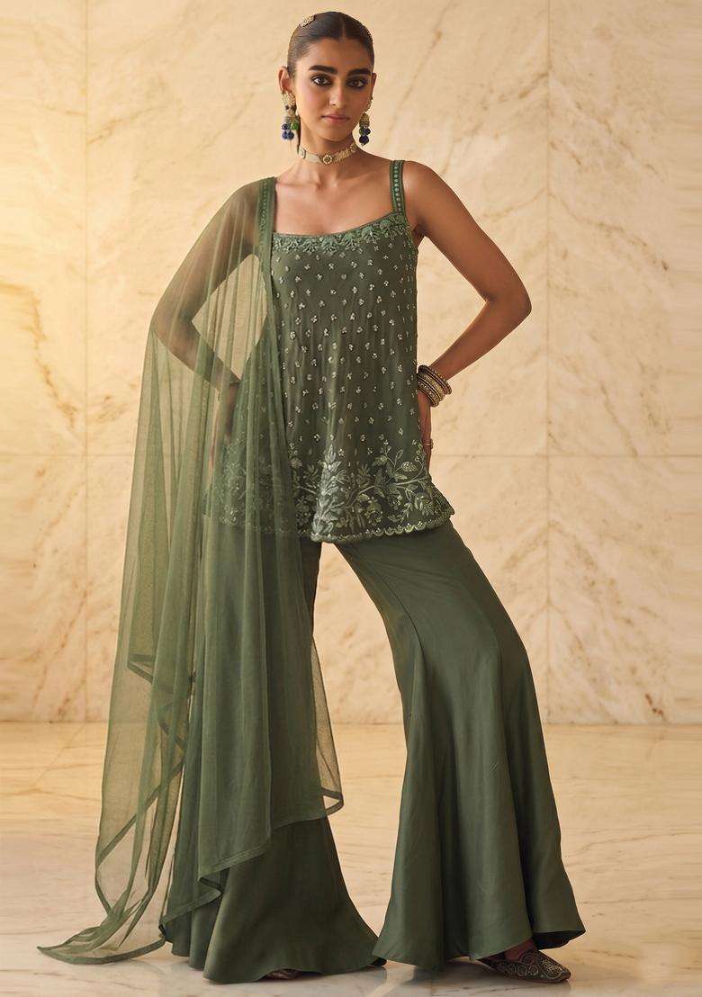 Olive Green Embroidered Handwork Sharara Set - Indya
