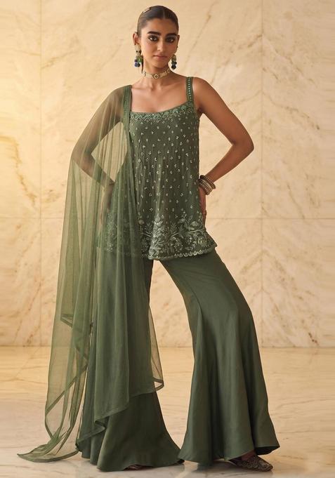 Olive Green Embroidered Handwork Sharara Set