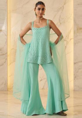 Mint Green Embroidered Handwork Sharara Set