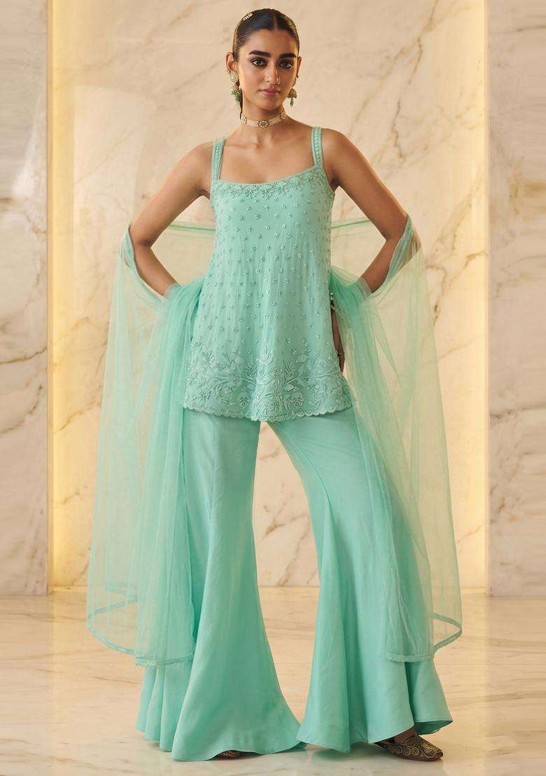 Mint Green Embroidered Handwork Sharara Set - Indya
