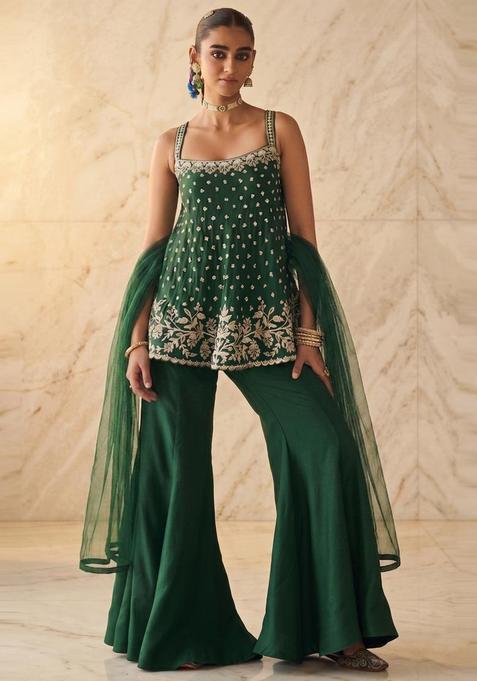 Dark Green Embroidered Handwork Sharara Set