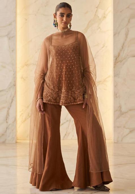 Brown Embroidered Handwork Sharara Set