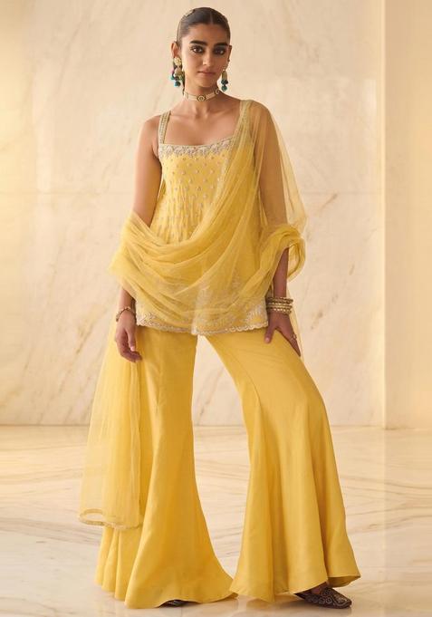 Mustard Yellow Embroidered Handwork Sharara Set