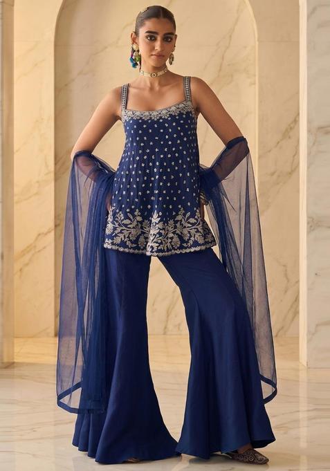Navy Blue Embroidered Handwork Sharara Set