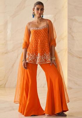 Bright Orange Embroidered Handwork Sharara Set