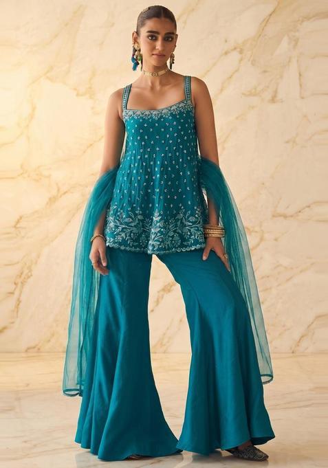 Teal Blue Embroidered Handwork Sharara Set