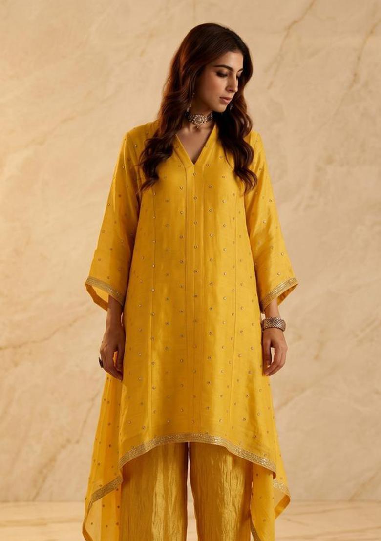 Mustard Yellow Embroidered Handwork Kurta Set - Indya
