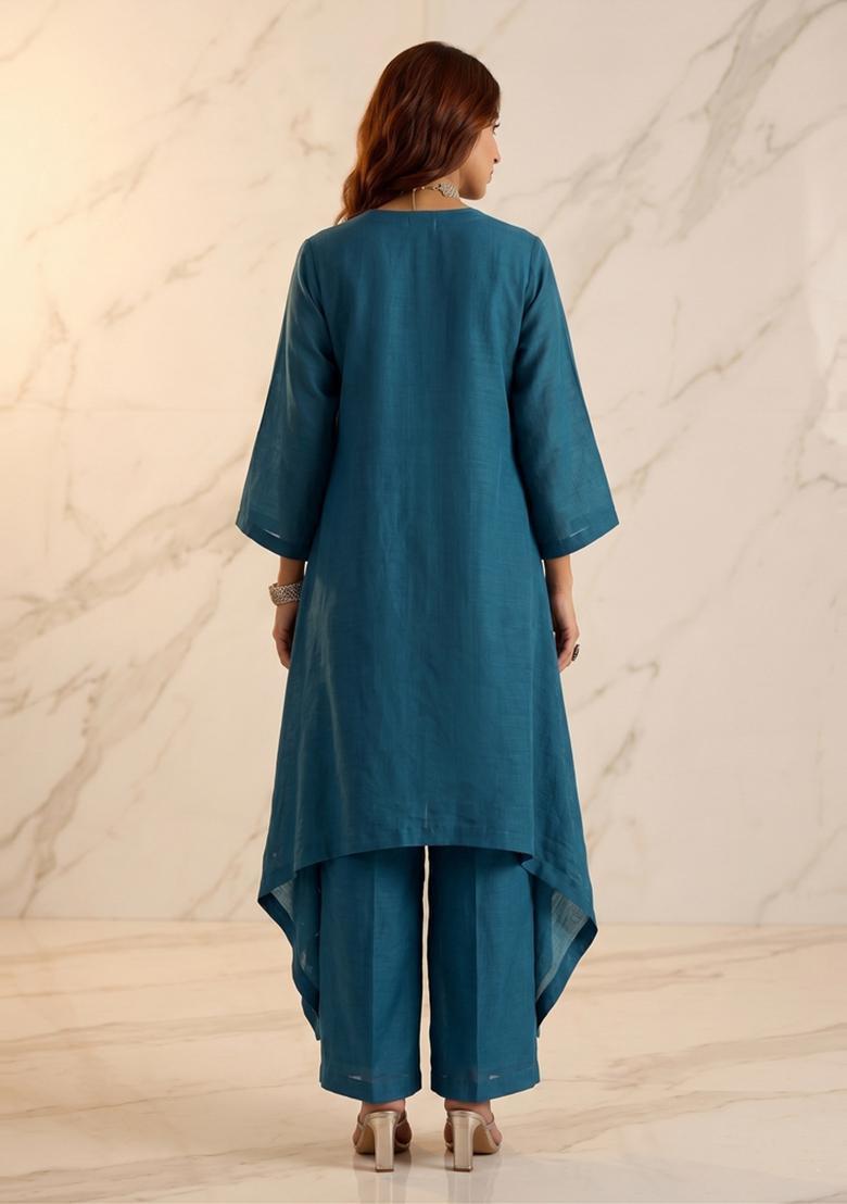 Teal Blue Embroidered Handwork Kurta Set - Indya