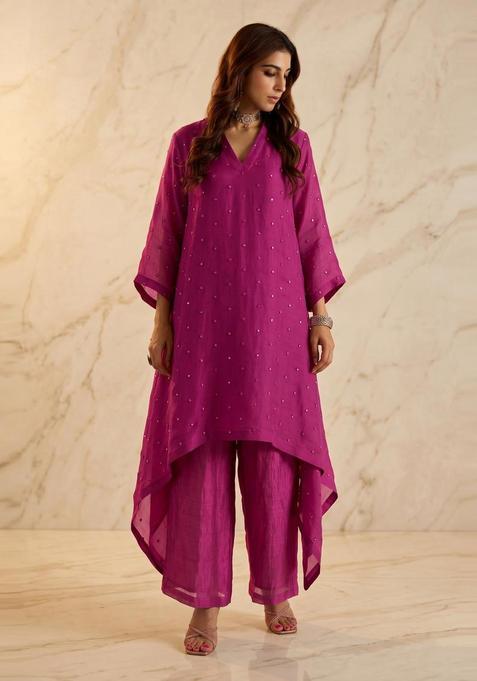 Magenta Embroidered Handwork Kurta Set