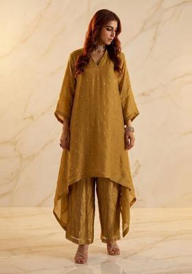 Mustard Embroidered Handwork Kurta Set