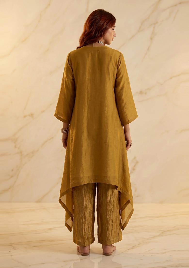 Mustard Embroidered Handwork Kurta Set - Indya