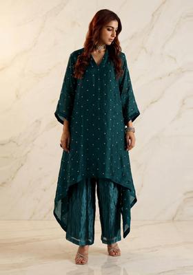 Teal Green Embroidered Handwork Kurta Set