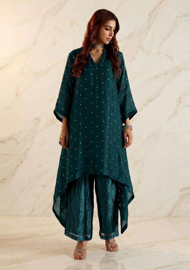Teal Green Embroidered Handwork Kurta Set - Indya