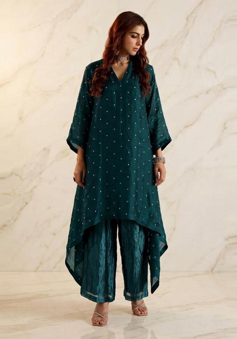 Teal Green Embroidered Handwork Kurta Set