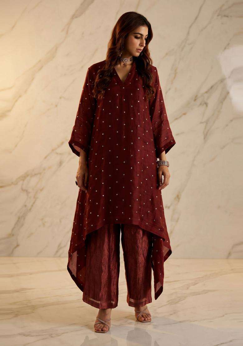 Maroon Embroidered Handwork Kurta Set - Indya