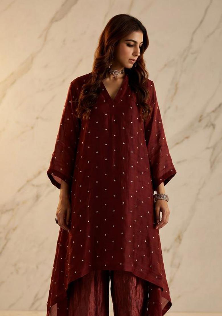 Maroon Embroidered Handwork Kurta Set - Indya