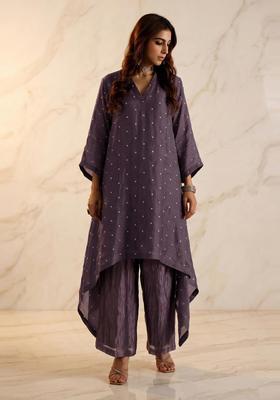 Mauve Embroidered Handwork Kurta Set