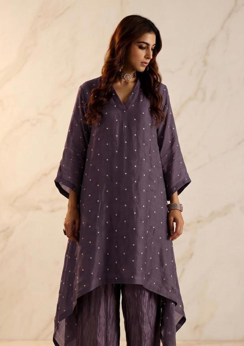 Mauve Embroidered Handwork Kurta Set - Indya