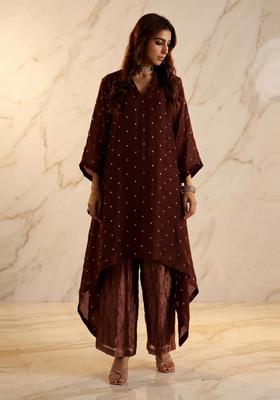 Chocolate Brown Embroidered Handwork Kurta Set