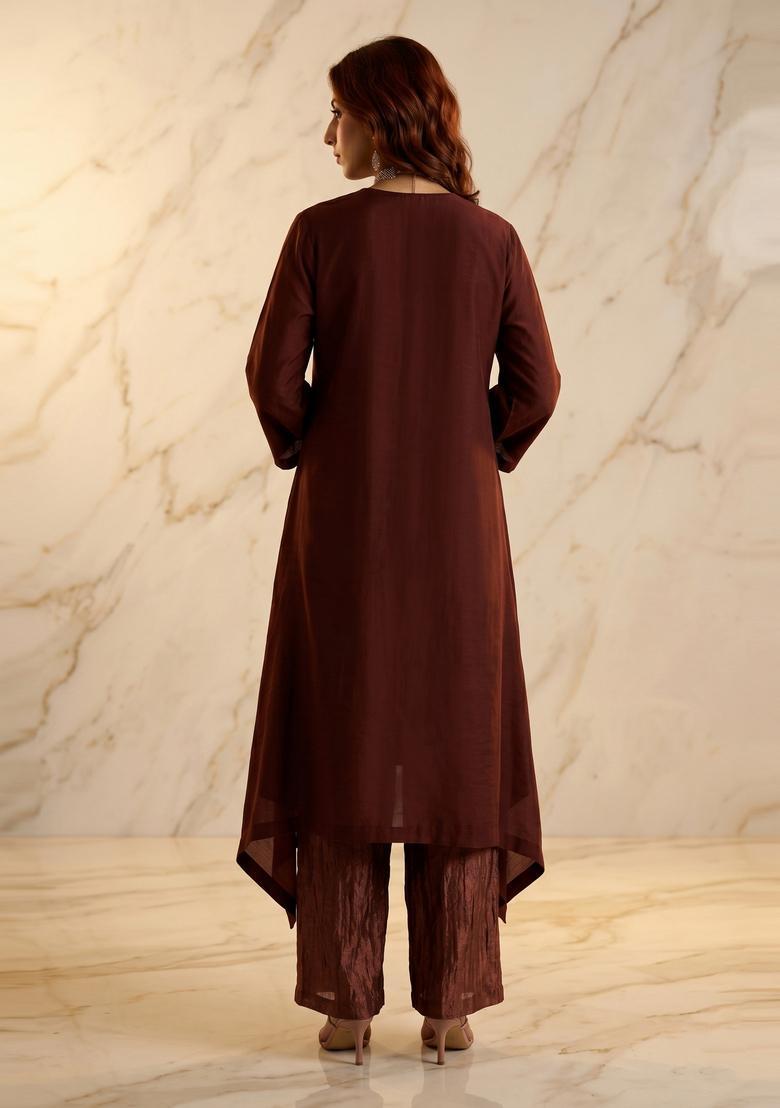 Chocolate Brown Embroidered Handwork Kurta Set - Indya