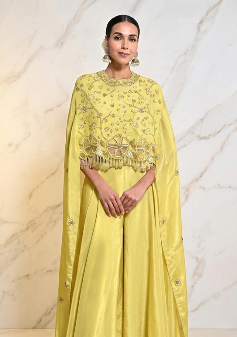 Lime Yellow Embroidered Handwork Fusion Set - Indya