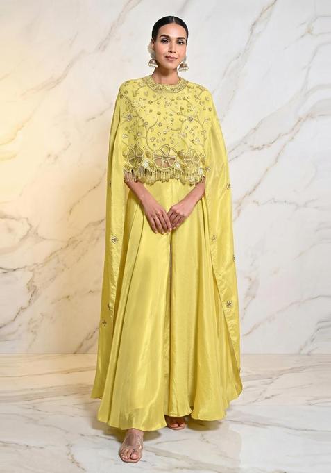 Lime Yellow Embroidered Handwork Fusion Set
