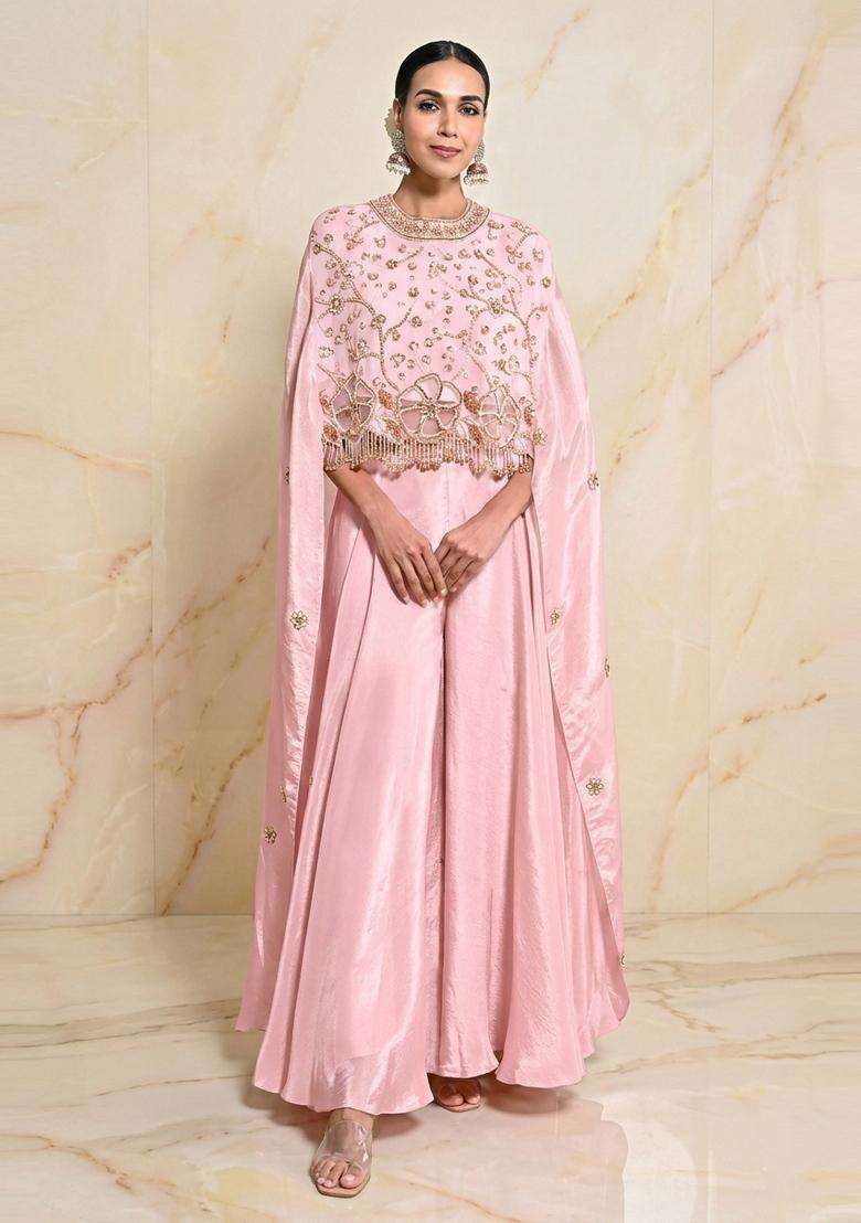 Pastel Pink Embroidered Handwork Fusion Set - Indya