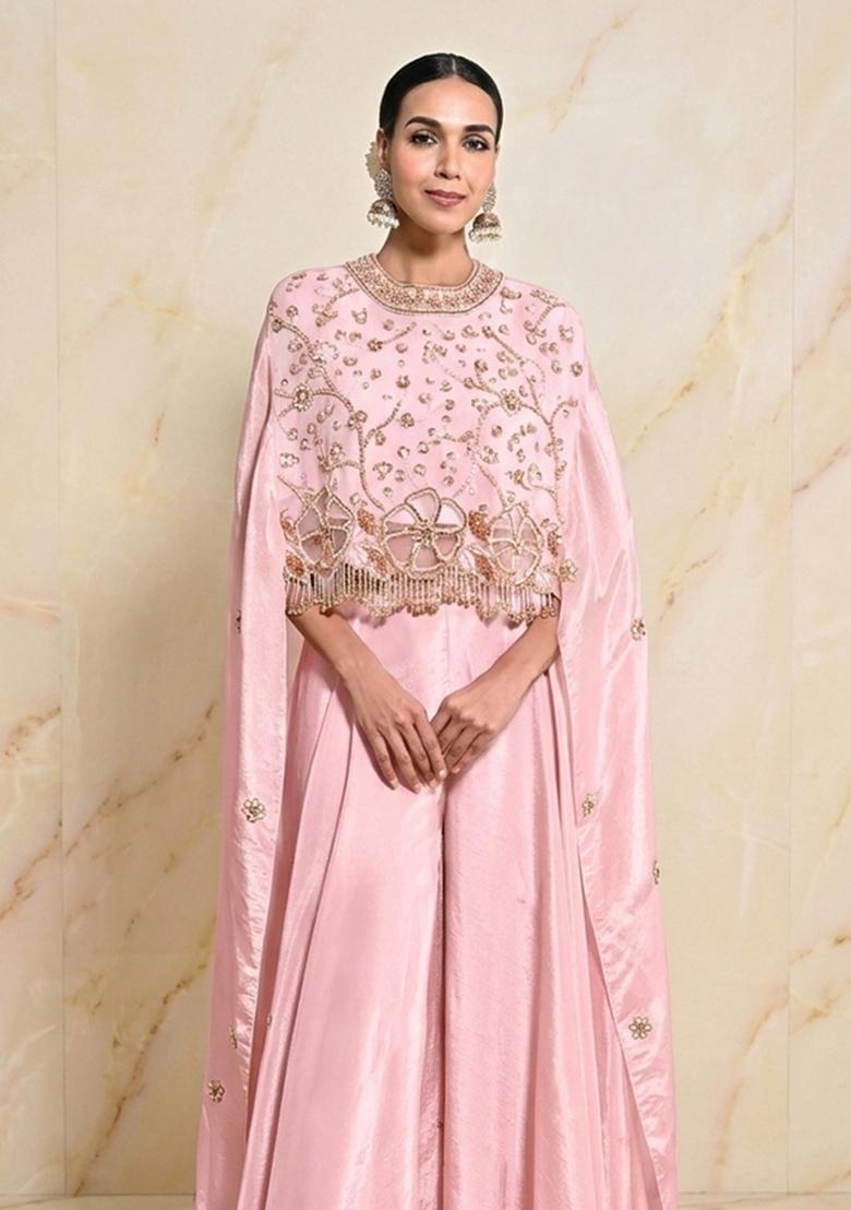Pastel Pink Embroidered Handwork Fusion Set - Indya
