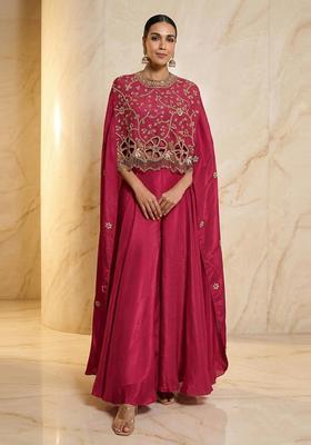 Deep Red Embroidered Handwork Fusion Set