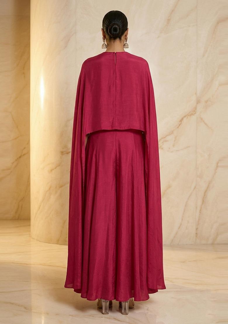 Deep Red Embroidered Handwork Fusion Set - Indya