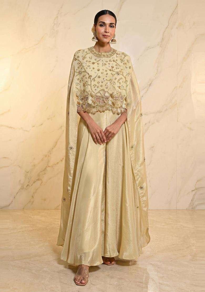 Champagne Gold Embroidered Handwork Fusion Set - Indya