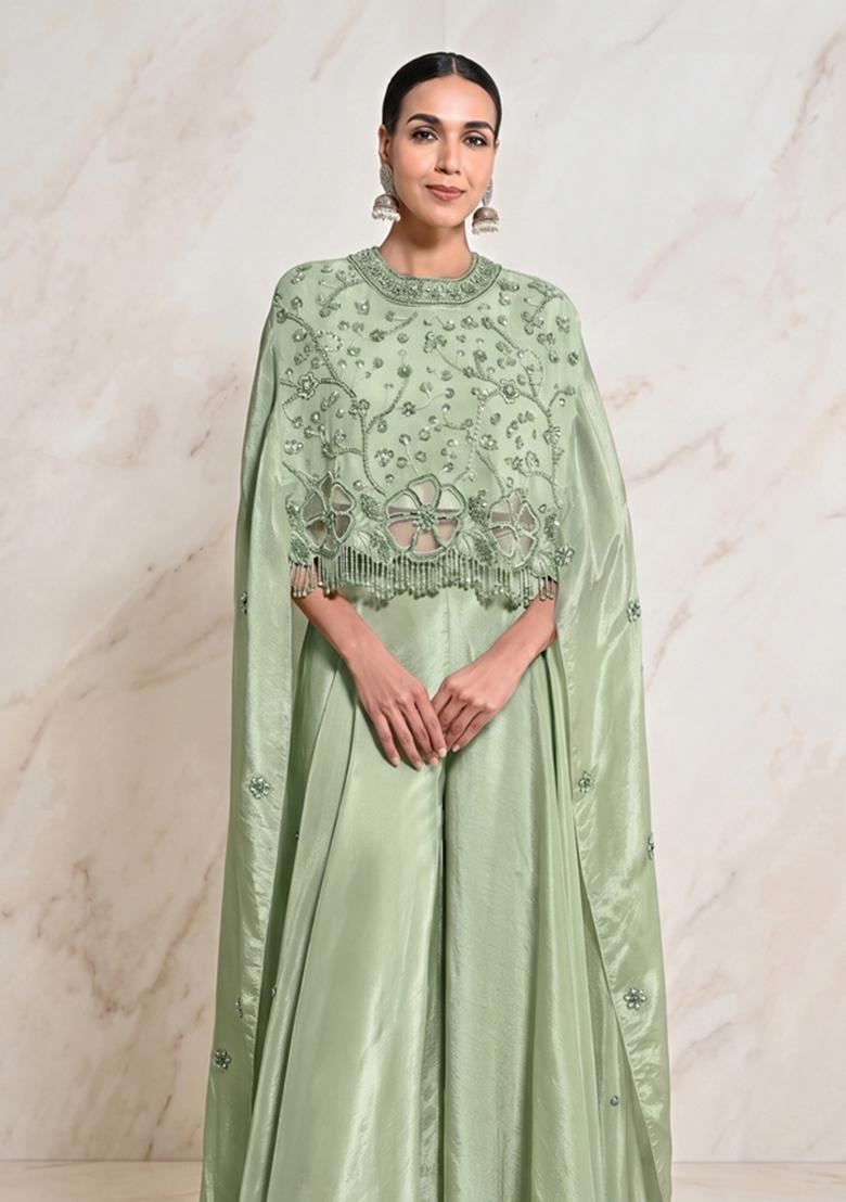 Sage Green Embroidered Handwork Fusion Set - Indya