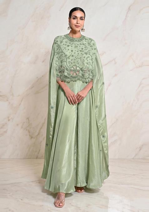 Sage Green Embroidered Handwork Fusion Set