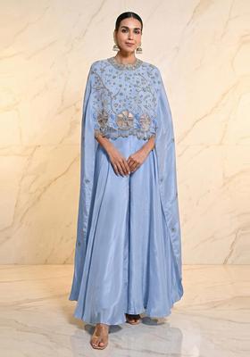 Powder Blue Embroidered Handwork Fusion Set