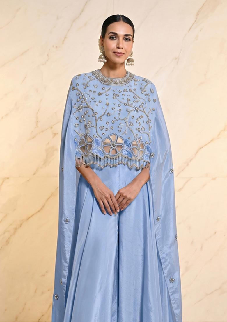 Powder Blue Embroidered Handwork Fusion Set - Indya