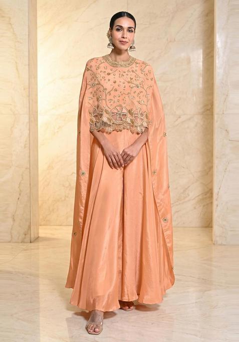 Peach Embroidered Handwork Fusion Set