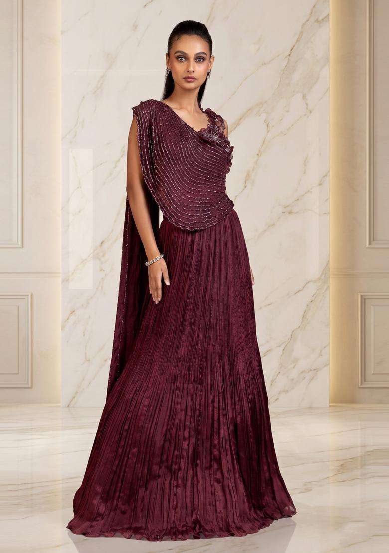 Deep Wine Embroidered Handwork Lehenga Set - Indya