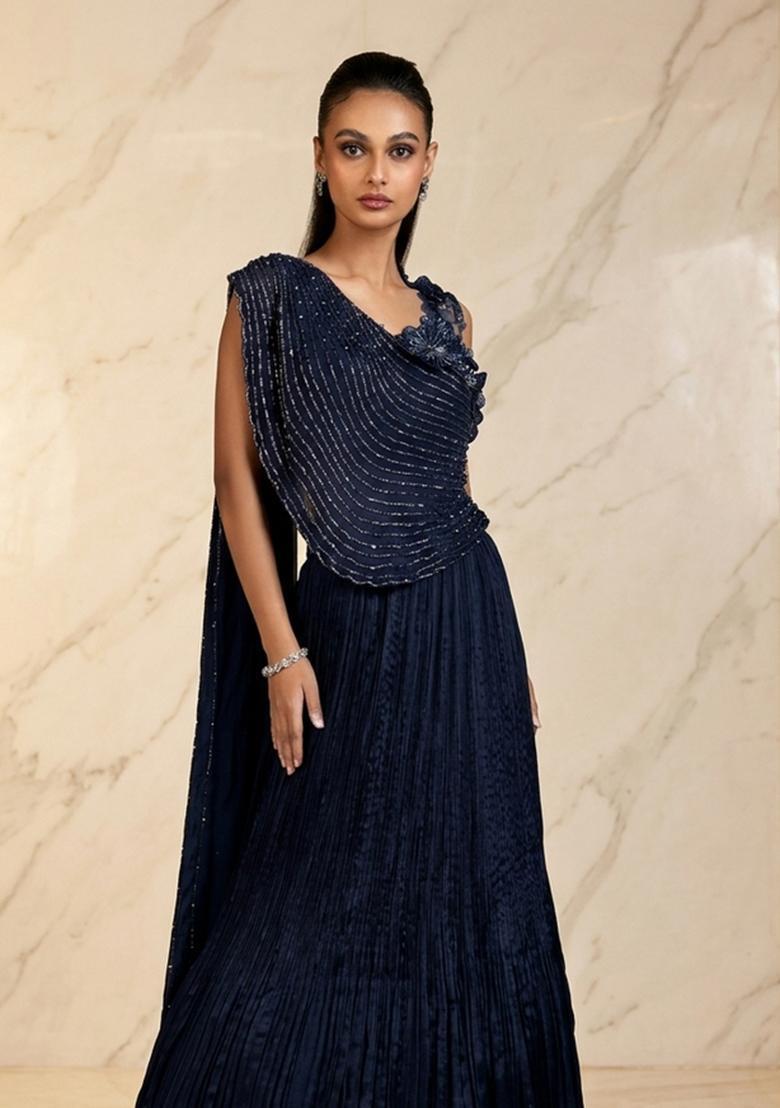 Navy Blue Embroidered Handwork Lehenga Set - Indya