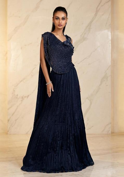 Navy Blue Embroidered Handwork Lehenga Set