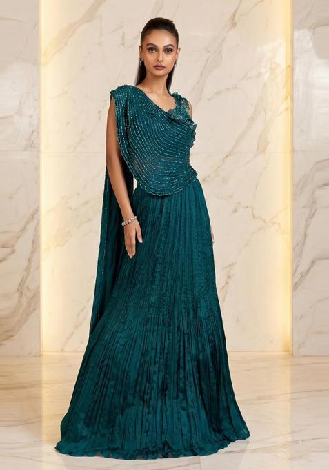 Teal Embroidered Handwork Lehenga Set