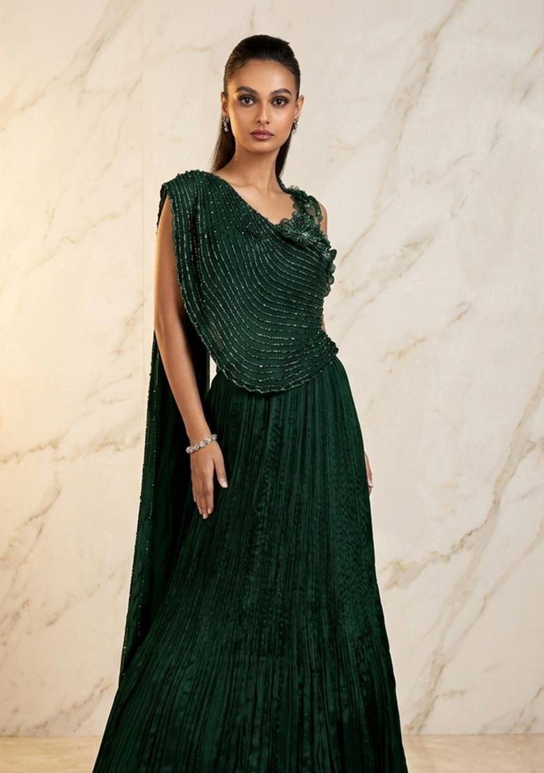 Emerald Green Embroidered Handwork Lehenga Set - Indya