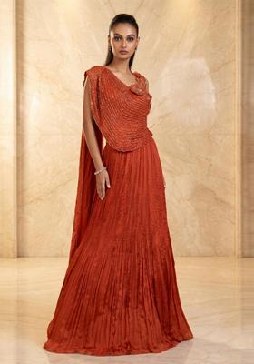 Rust Orange Embroidered Handwork Lehenga Set