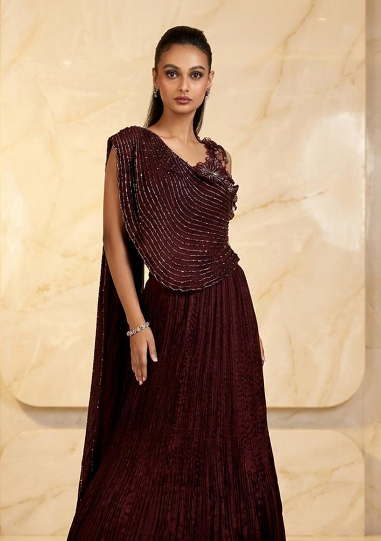 Deep Maroon Embroidered Handwork Lehenga Set - Indya