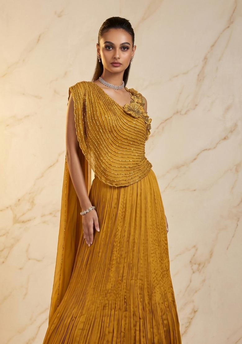Mustard Yellow Embroidered Handwork Lehenga Set - Indya