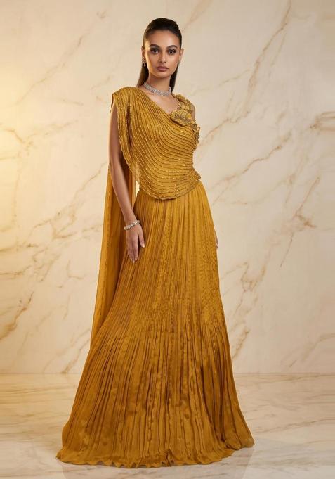 Mustard Yellow Embroidered Handwork Lehenga Set