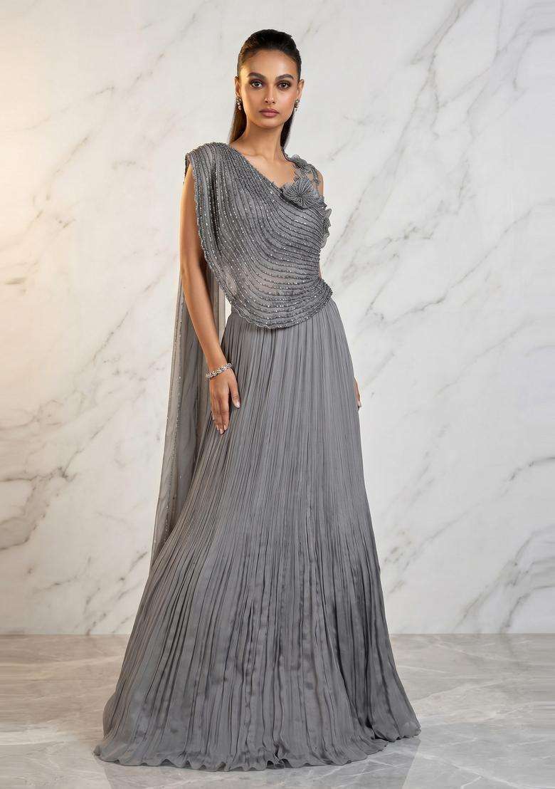 Slate Grey Embroidered Handwork Lehenga Set - Indya