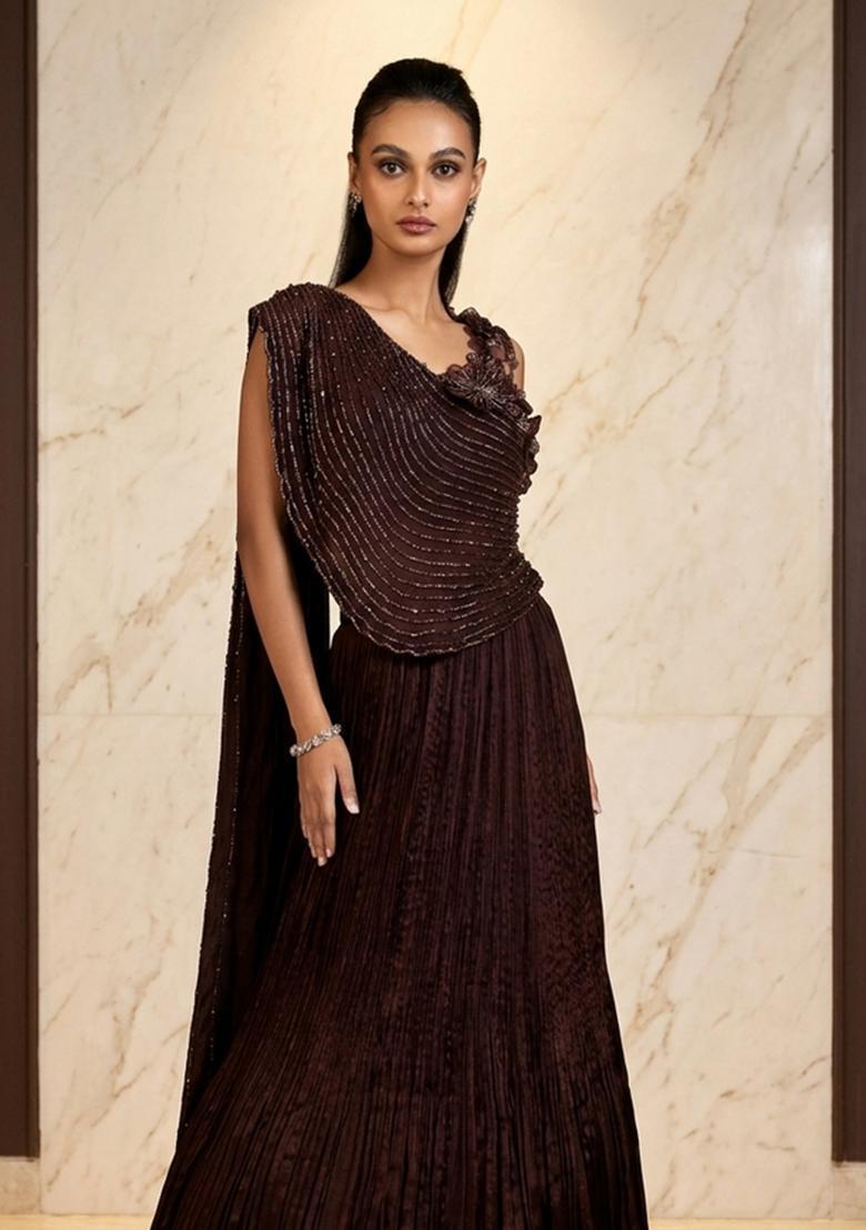 Coffee Brown Embroidered Handwork Lehenga Set - Indya