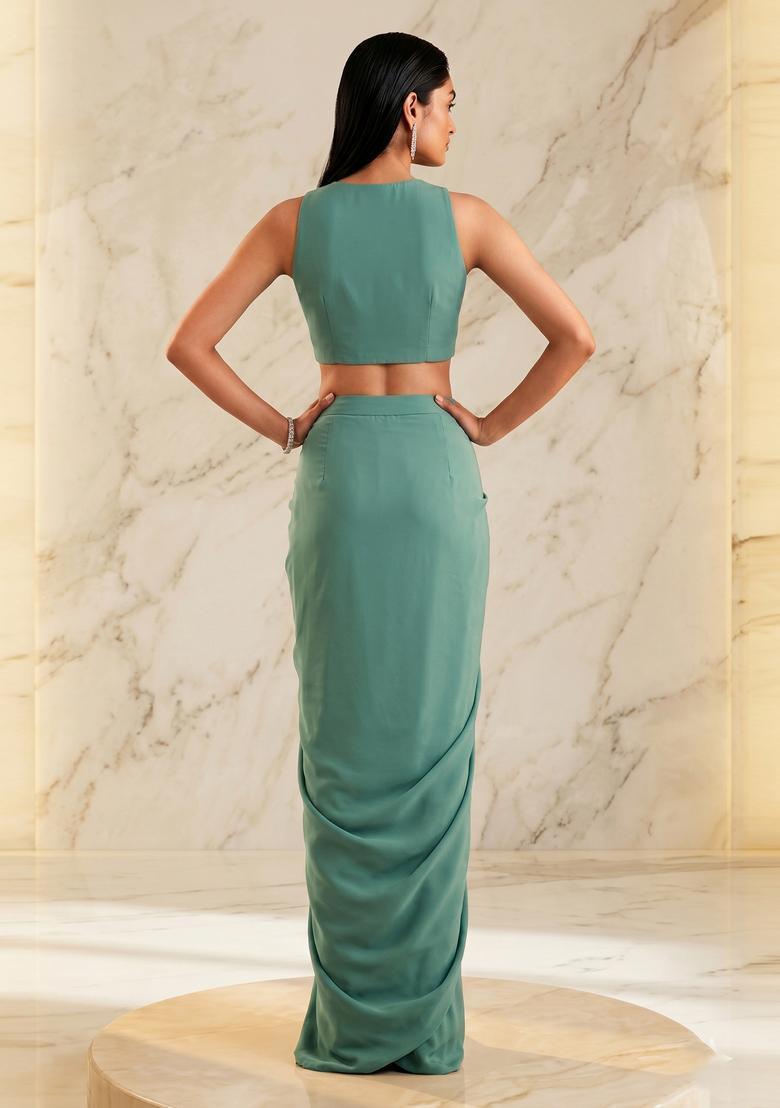 Sage Green Embroidered Handwork Fusion Set - Indya