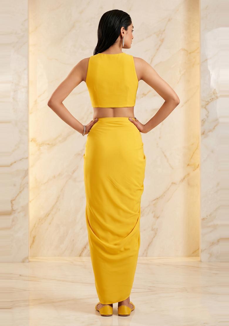 Mustard Yellow Embroidered Handwork Fusion Set - Indya